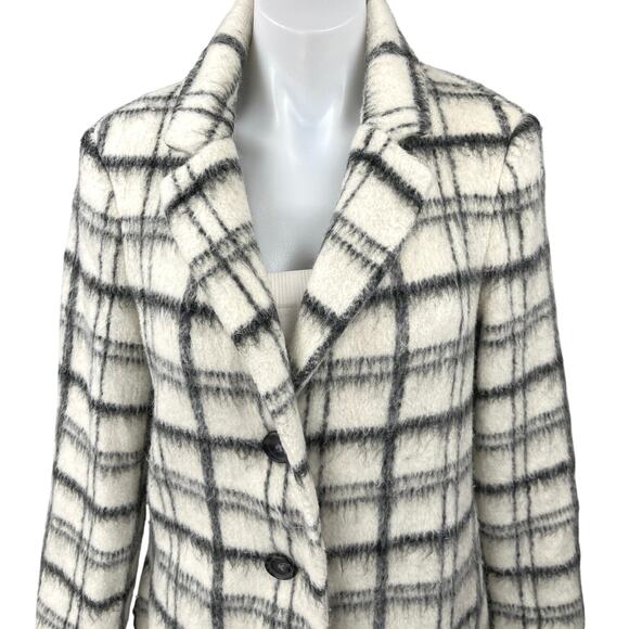 DKNY Women's Cream Black Wool Plaid Button Up Mid Length Trench Coat Jacket Sz 6 - Picture 3 of 5